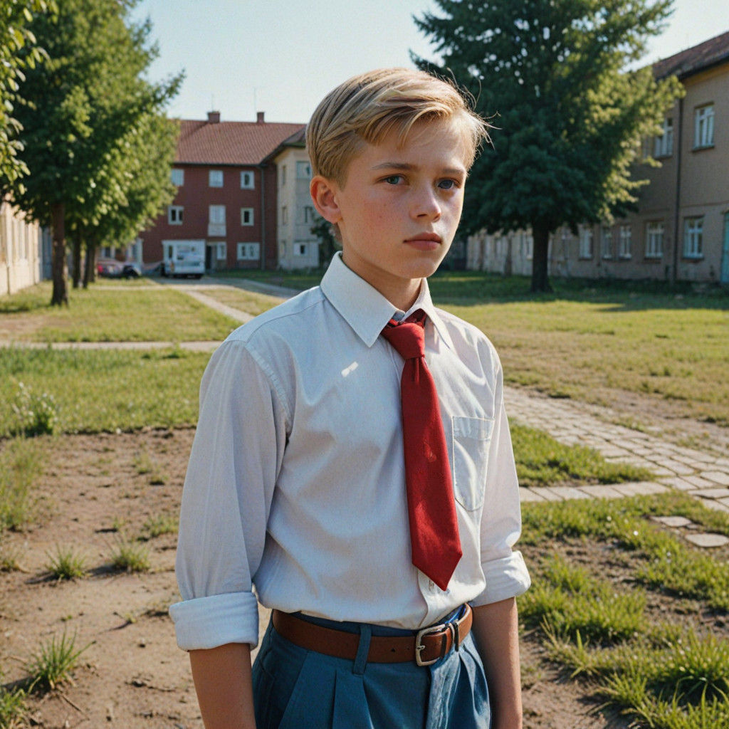 Soviet Pioneer Boy Captured in Cinematic Film Still