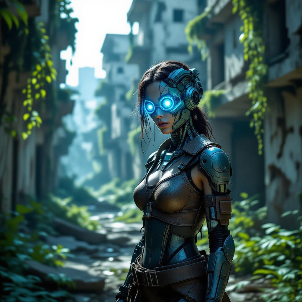 Cybernetic Woman in Overgrown Cityscape