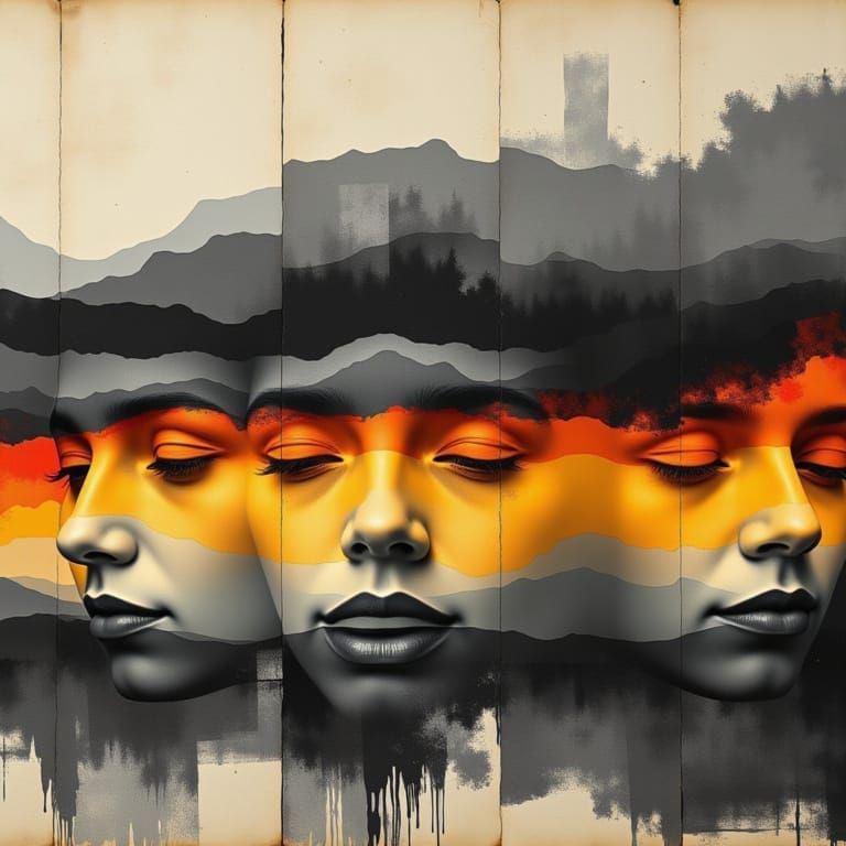 Infinity Panels Fragmented Visage in Cosmic Dreamscape