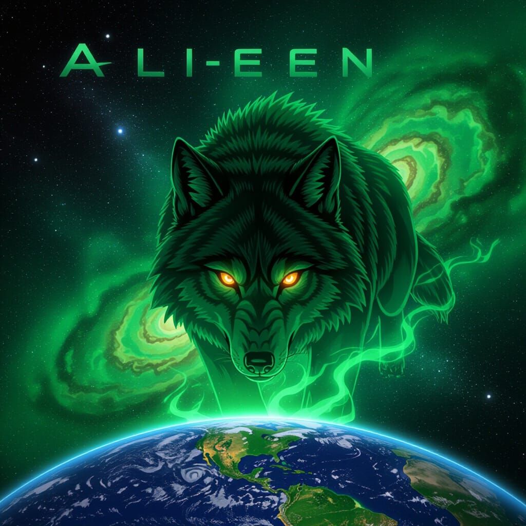 Alien Green Wolf Gazes at Earth in Cosmic Style