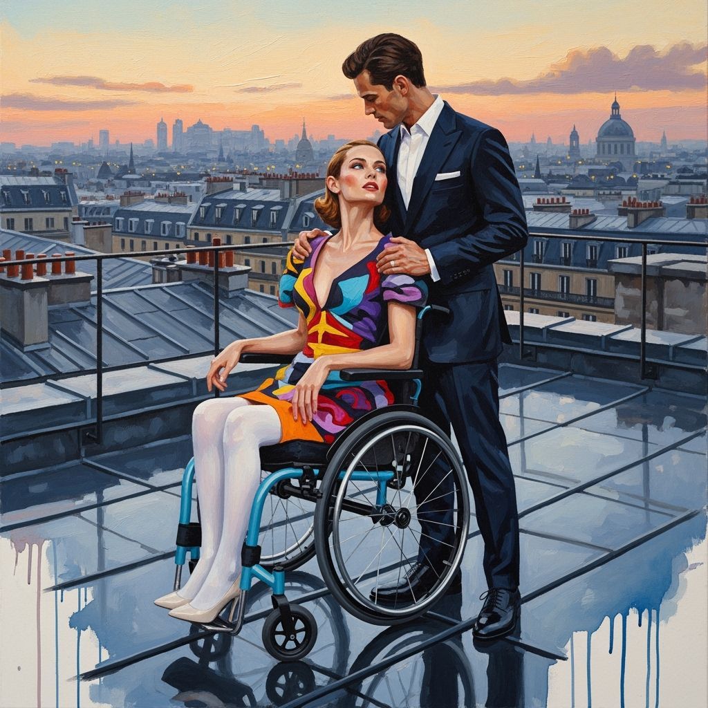 Glamorous Couple on Parisian Rooftop at Twilight