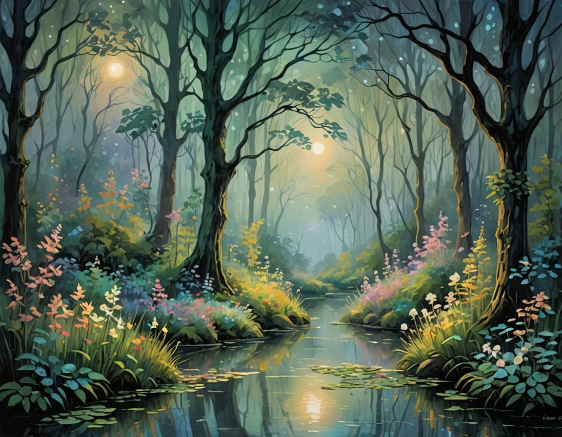 Moonlit Forest: Ethereal Glow in Impressionist Style