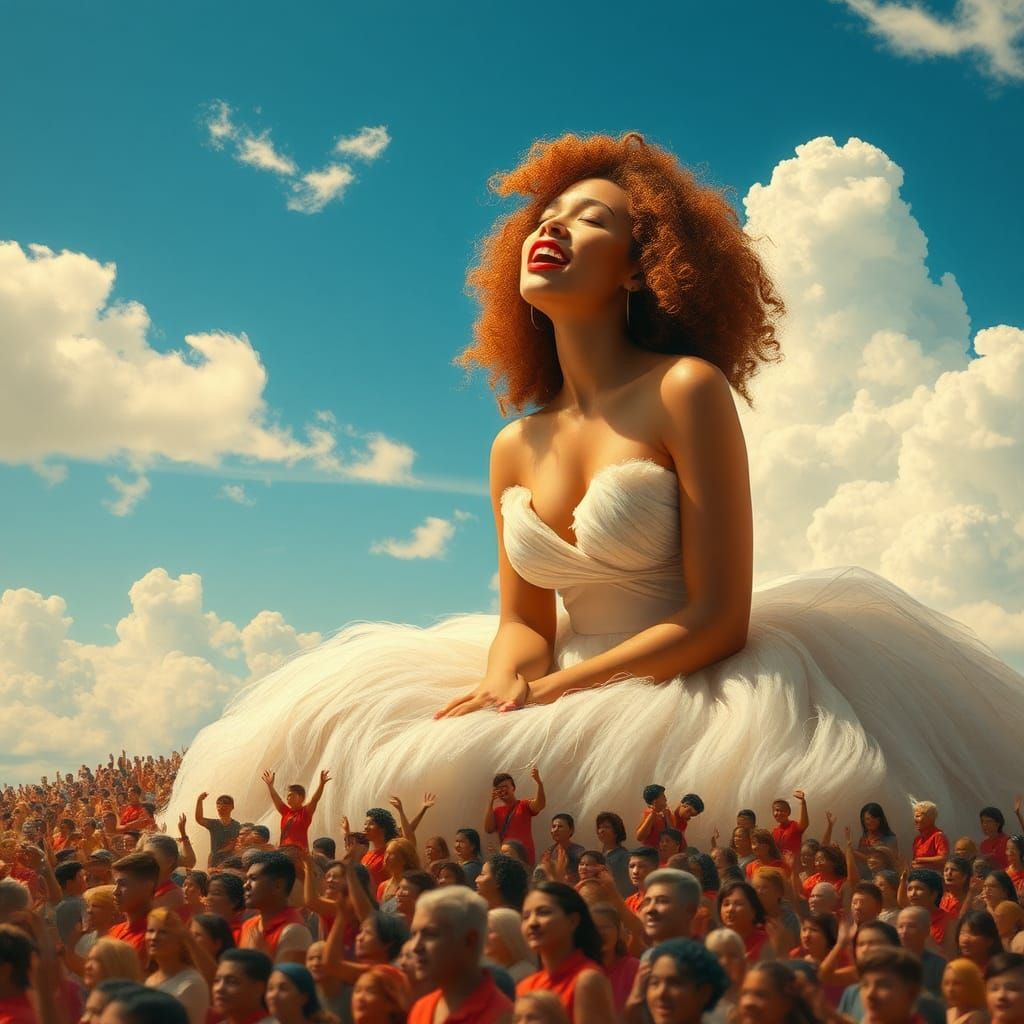 Woman Singing on Cloud in Hyperrealistic Style