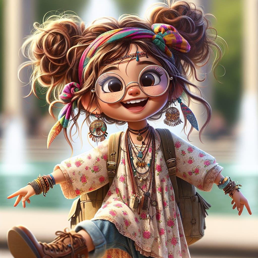 A playful, joyful Hispanic cartoon girl with large round gla...