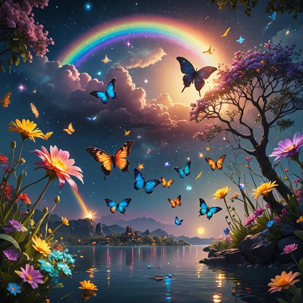 Luminous Rainbow Butterfly Under Starry Moonlit Sky