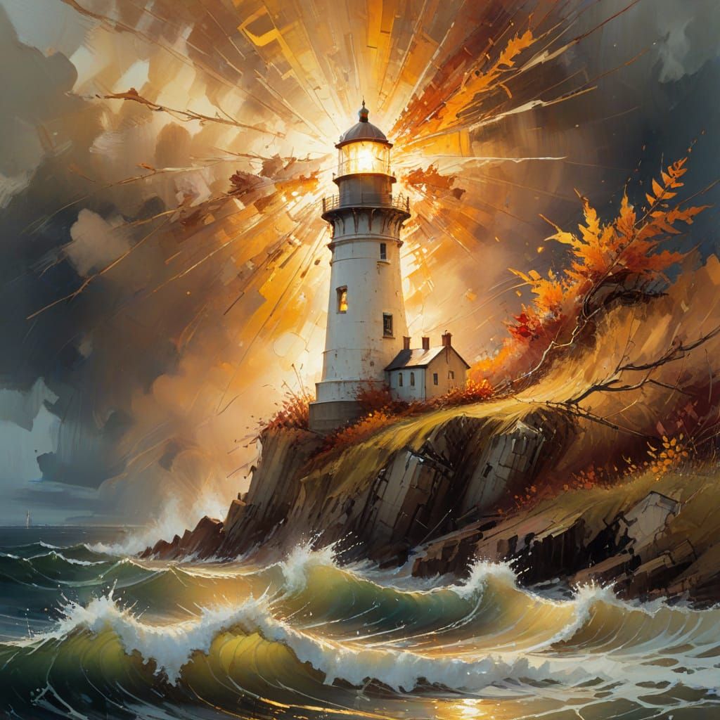 Lighthouse Against Storm in Impressionist Oil Painting
