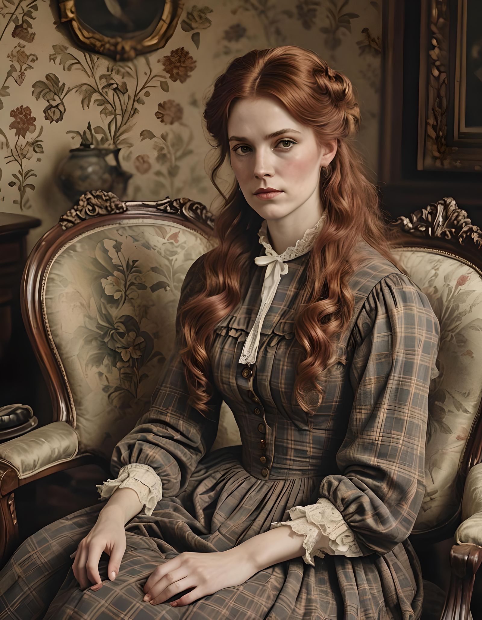 Victorian Woman Portrait in Plaid Dress