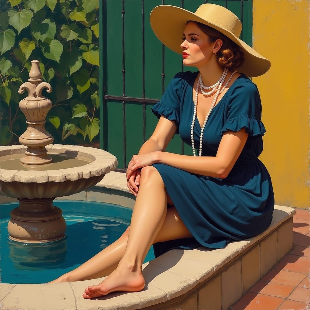 Woman in Fauvist Fountain Scene with Impressionist Influence