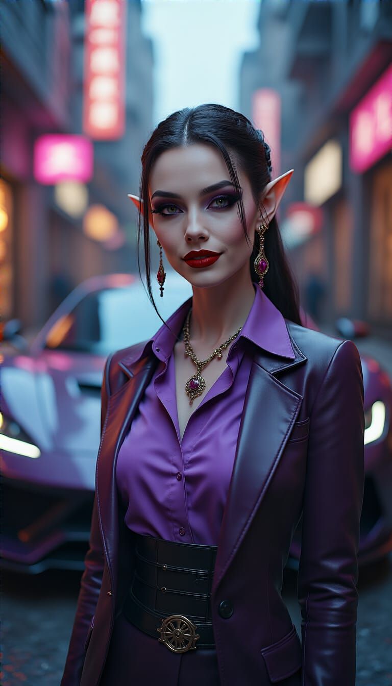 Elegant Elf in Cyberpunk City with Futuristic Car