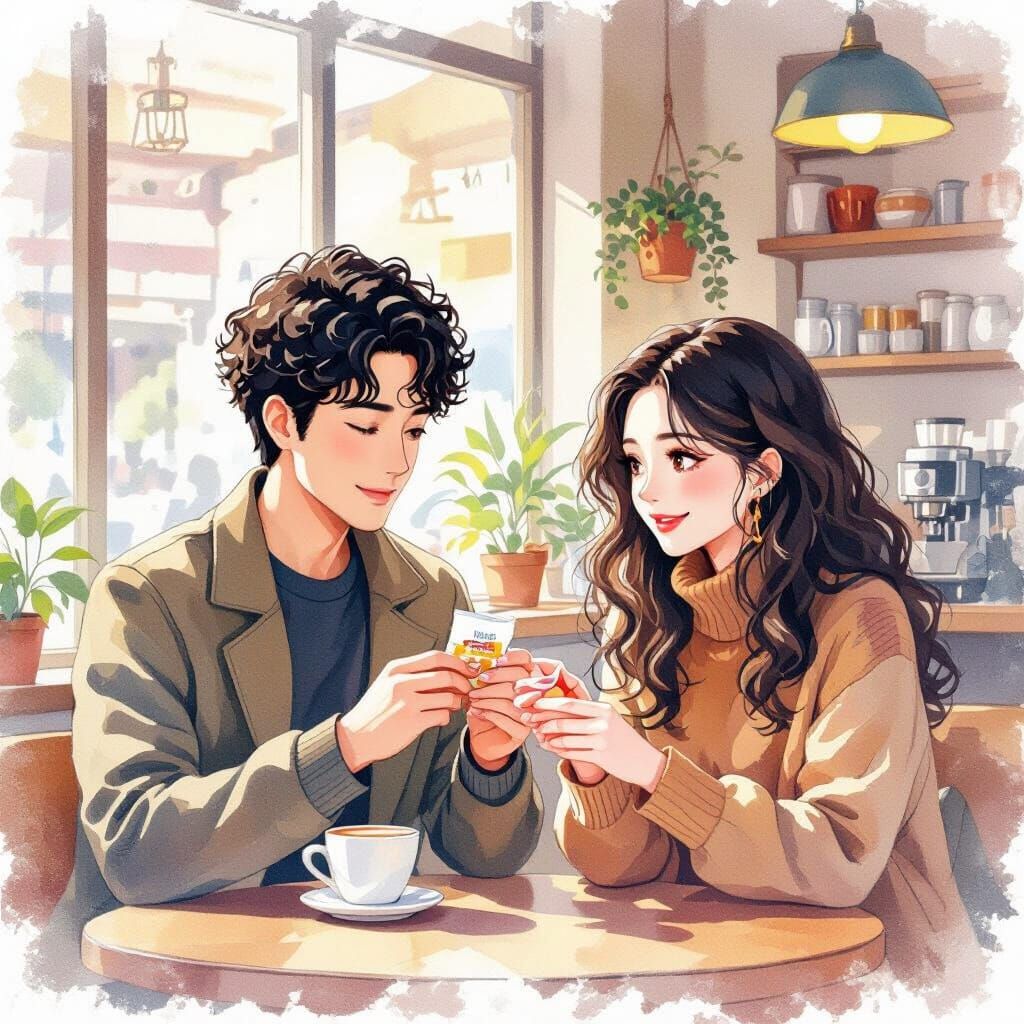 Cozy Coffee Shop Scene in Watercolor Digital Art