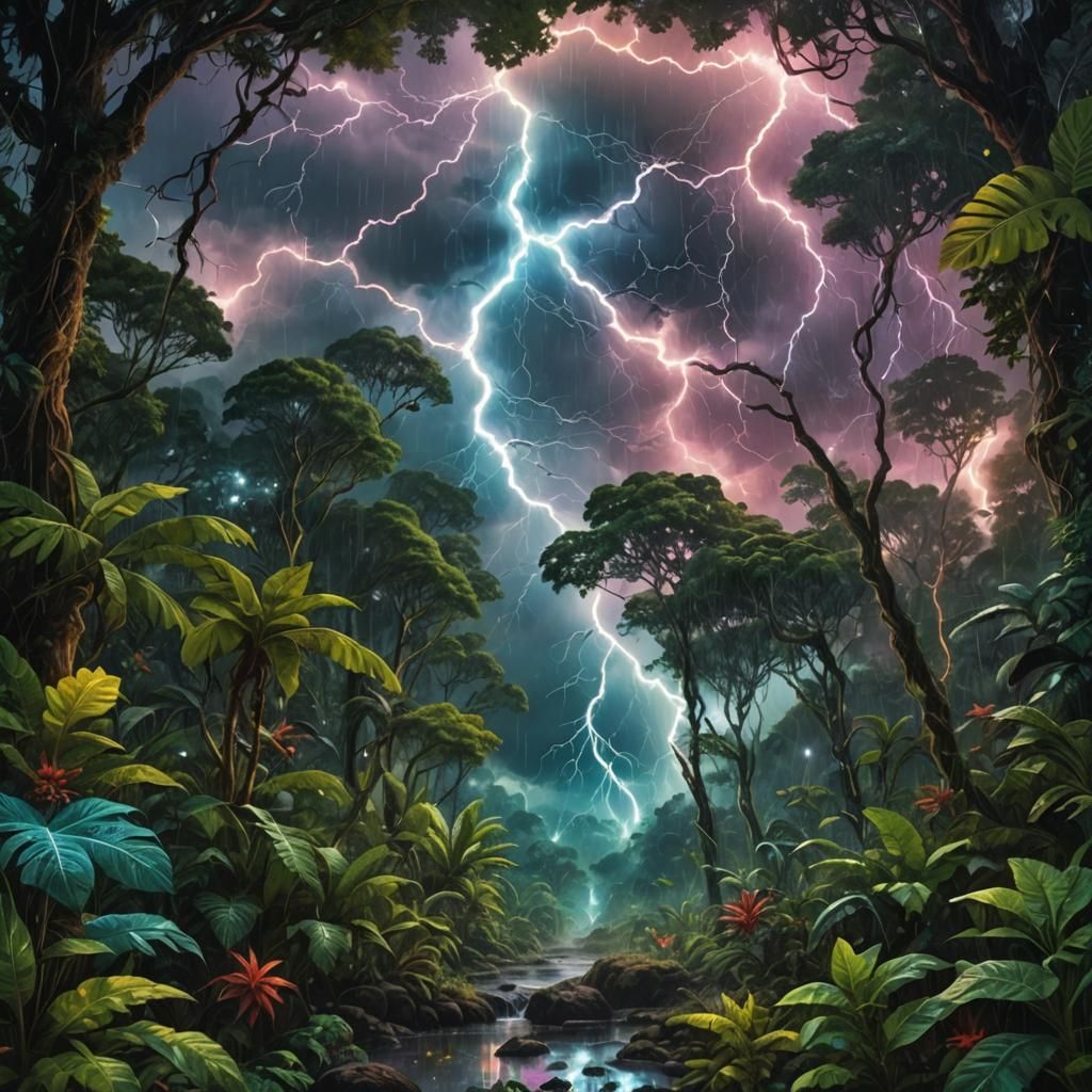 Rainforest Thunderstorm in Astral Mixed Media Style