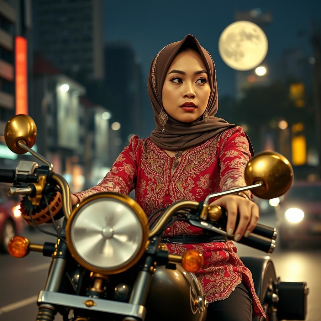 Steampunk Javanese Woman on Motorbike at Night
