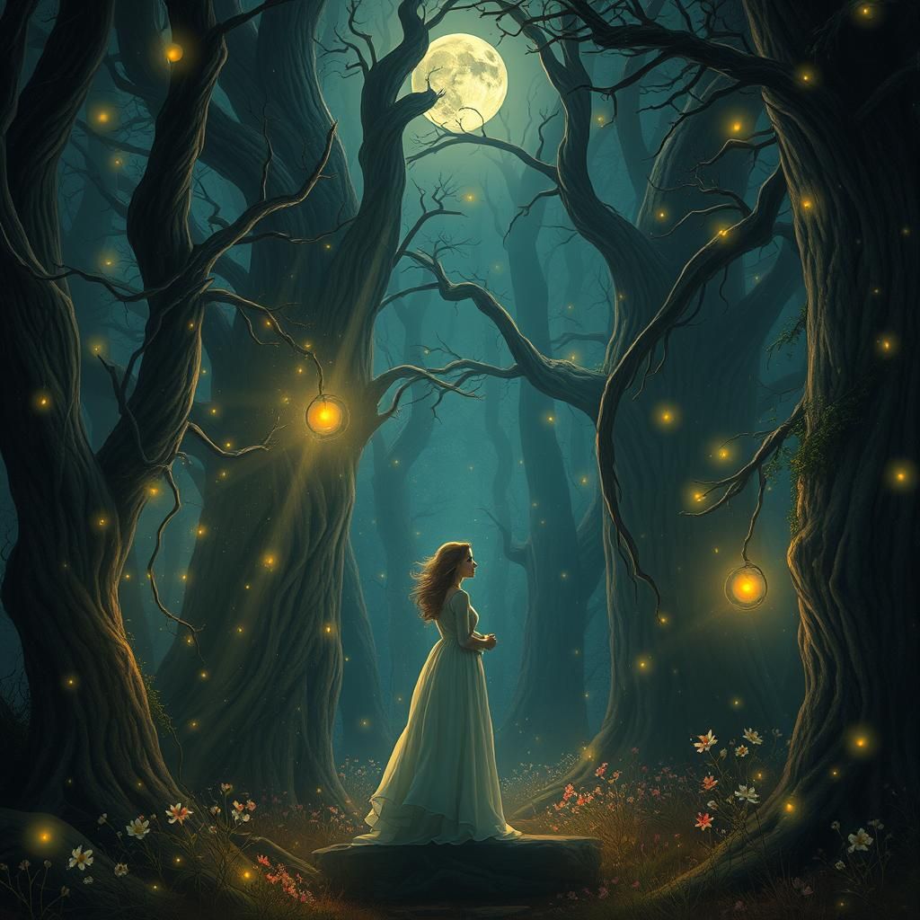 Mystical Woman in Moonlit Forest as Impressionist Art