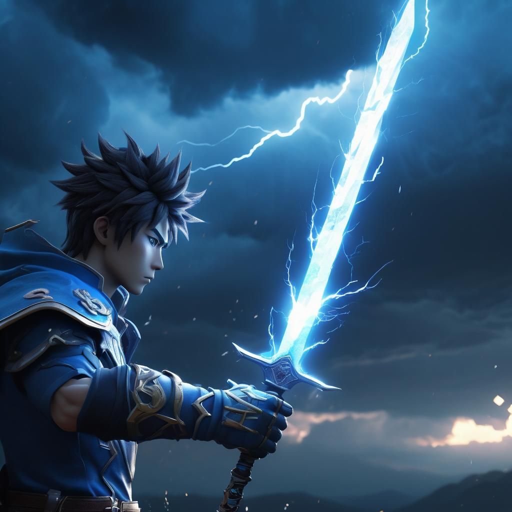 Lightning Sword Held to Moody Sky, Anime Art