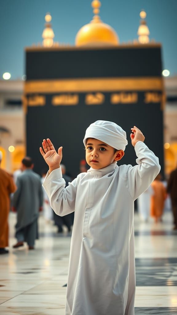 Boy Praying at Kaaba in Makkah, Realistic Style