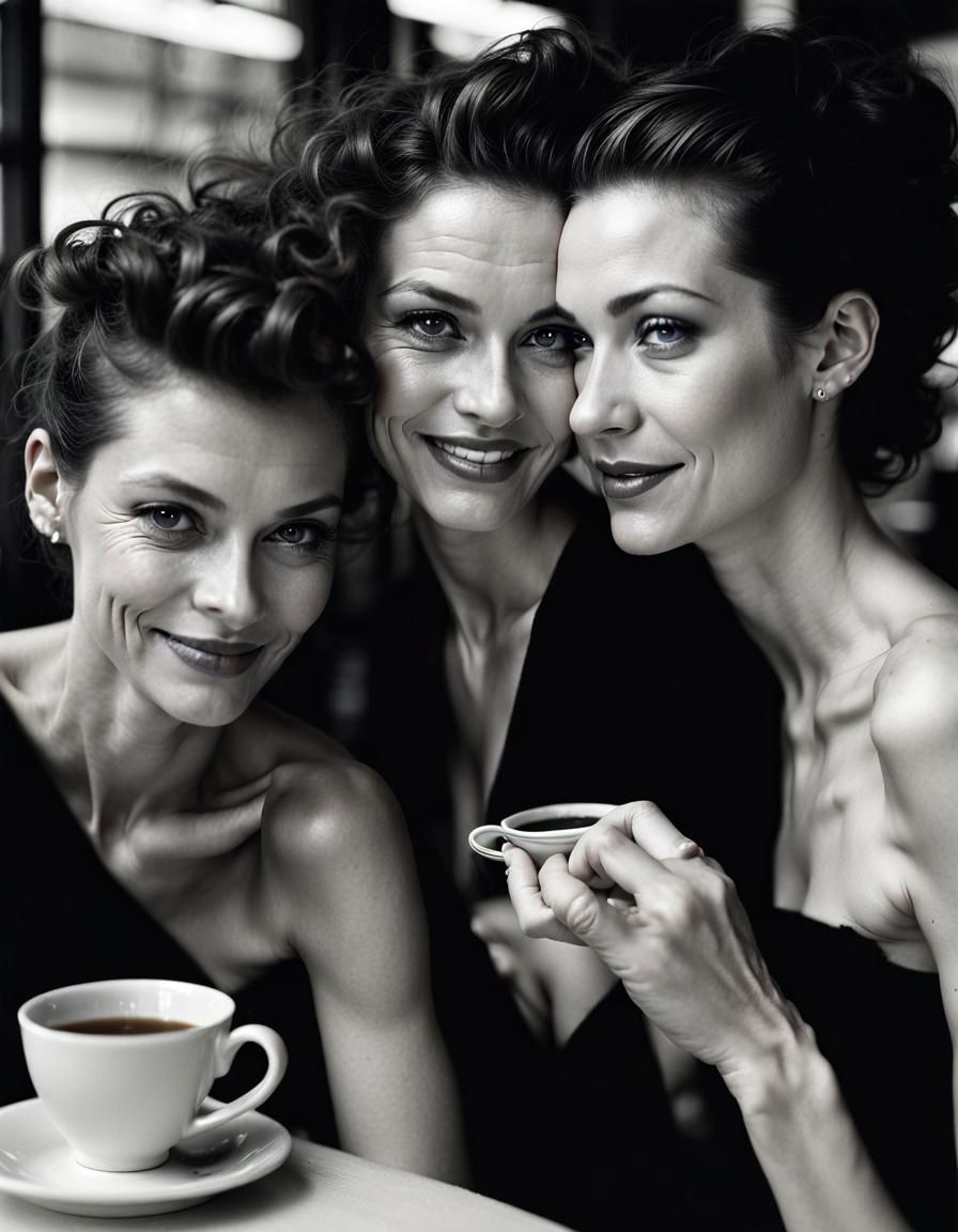 Couture Women Share Tea in Photorealistic Portrait
