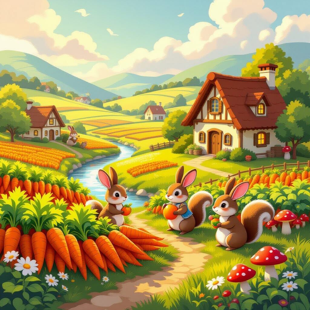 Whimsical Farm Scene with Anthropomorphic Animals