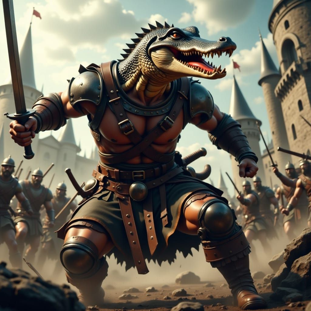 Barbarian Warrior with Alligator Head Storms Castle in Cinem...