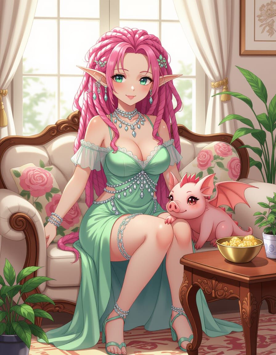 Anime Elf with Dragon Pig in Fantasy Setting