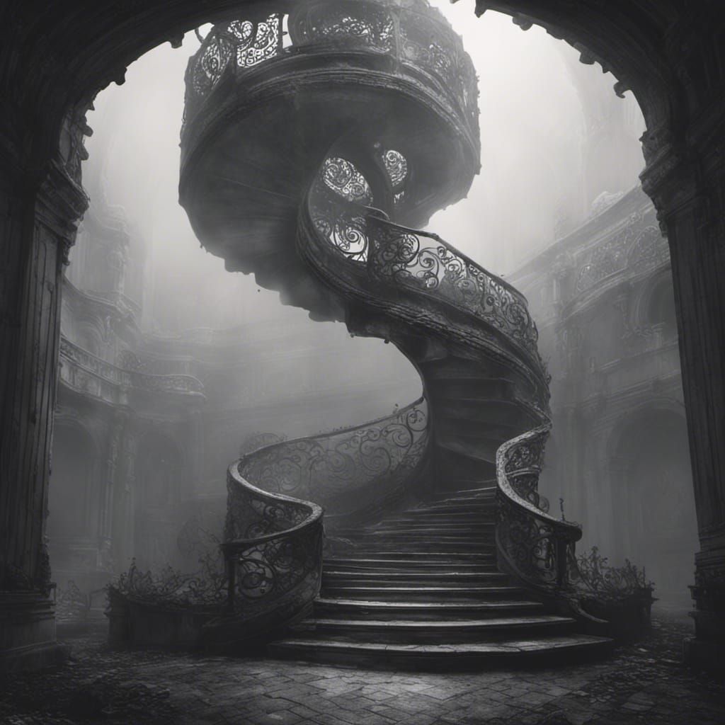 Fantastical Staircase Ascending Forever in Dark Mist