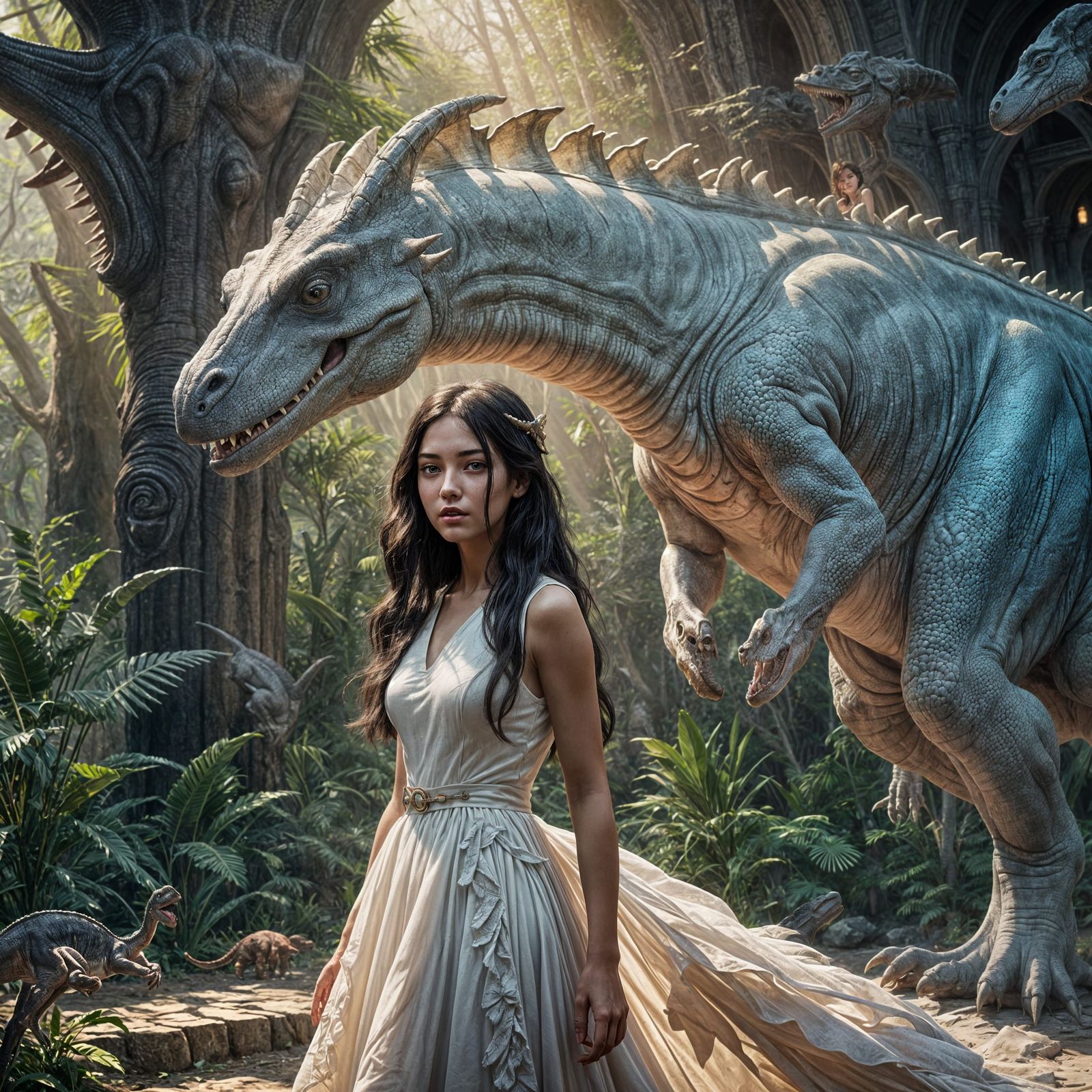 Girl and White Dinosaur Fantasy Concept Art