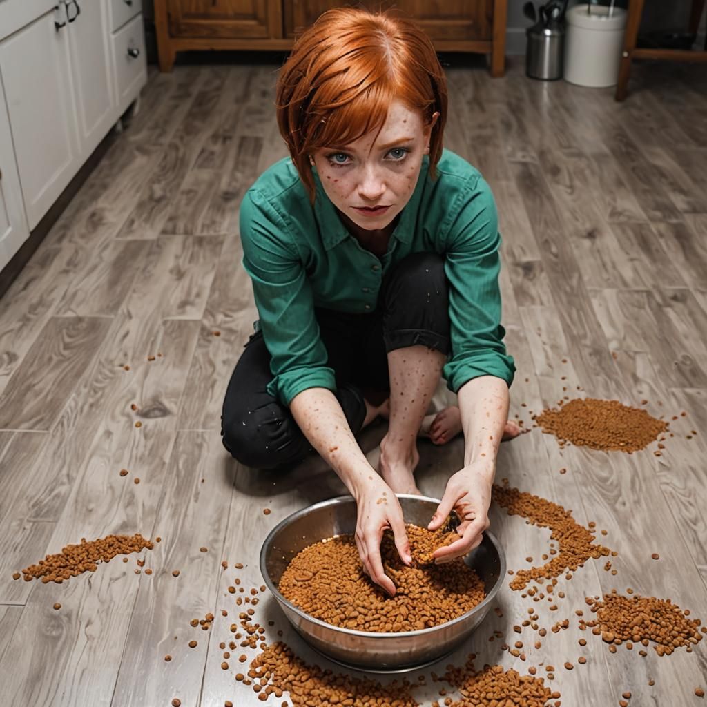 Horror Scene: Redhead Girl Hypnotized to Eat