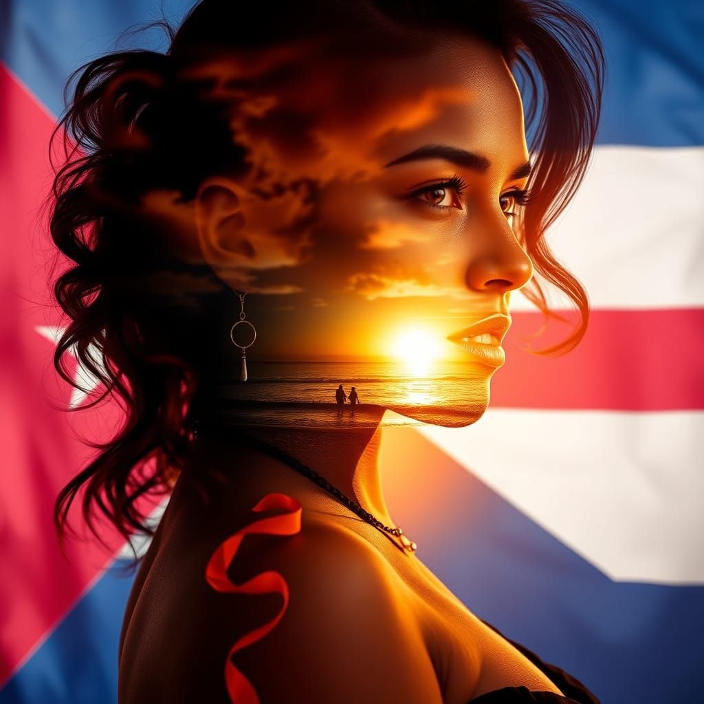 Curvy Puerto Rican Woman in Sunset Beach Scene, Double Expos...