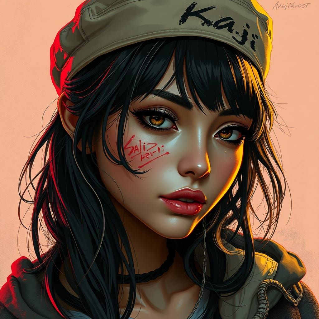 "Mujer morena ciberpunk de cabello ondulado y largo , con go...