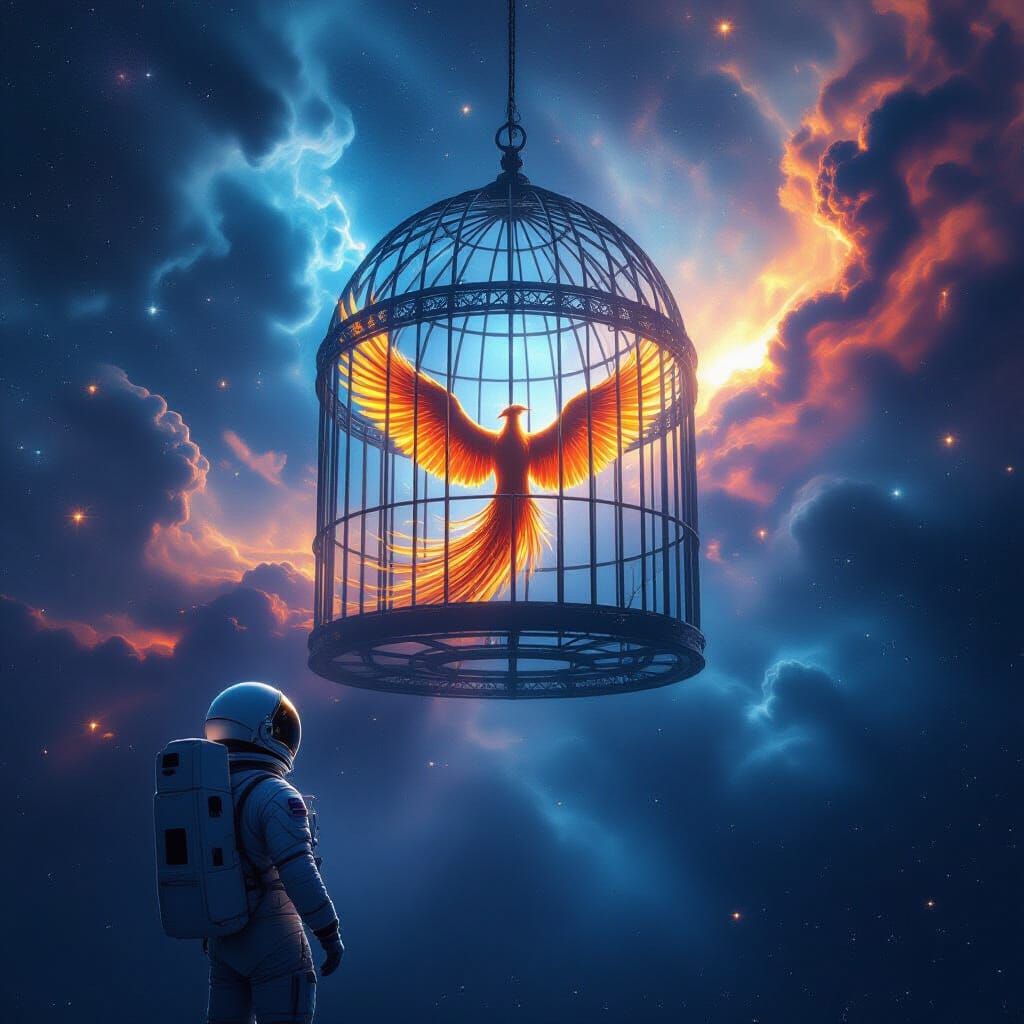 Astronaut Gazes at Cosmic Birdcage with Trapped Phoenix
