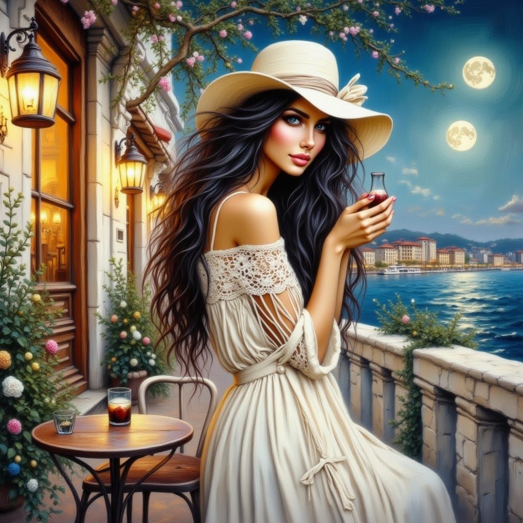 Woman at Waterfront Cafe in Mucha Style