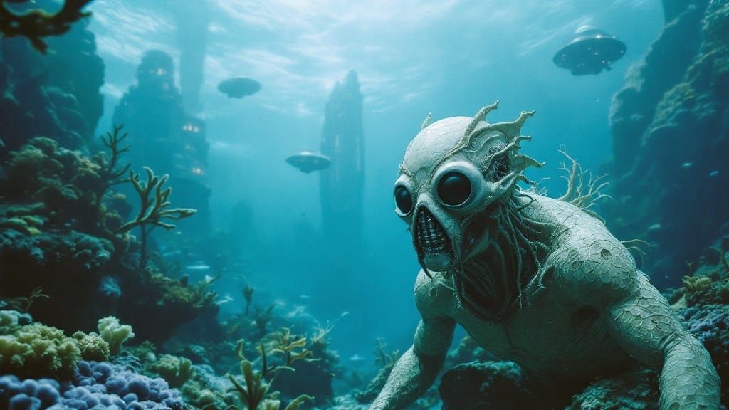 Humanoid Swimmer in Retro Sci-Fi Underwater City