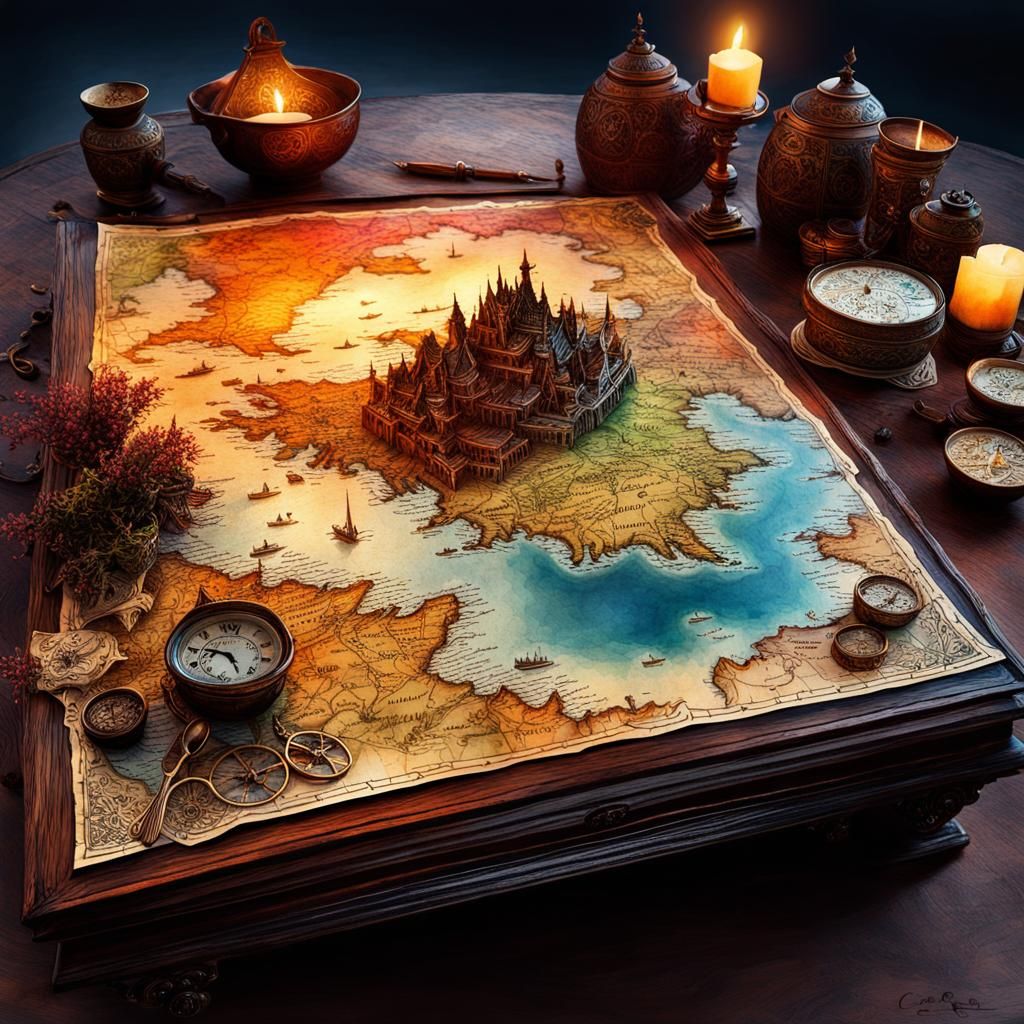 Ancient Medieval Treasure Map in Watercolor Style