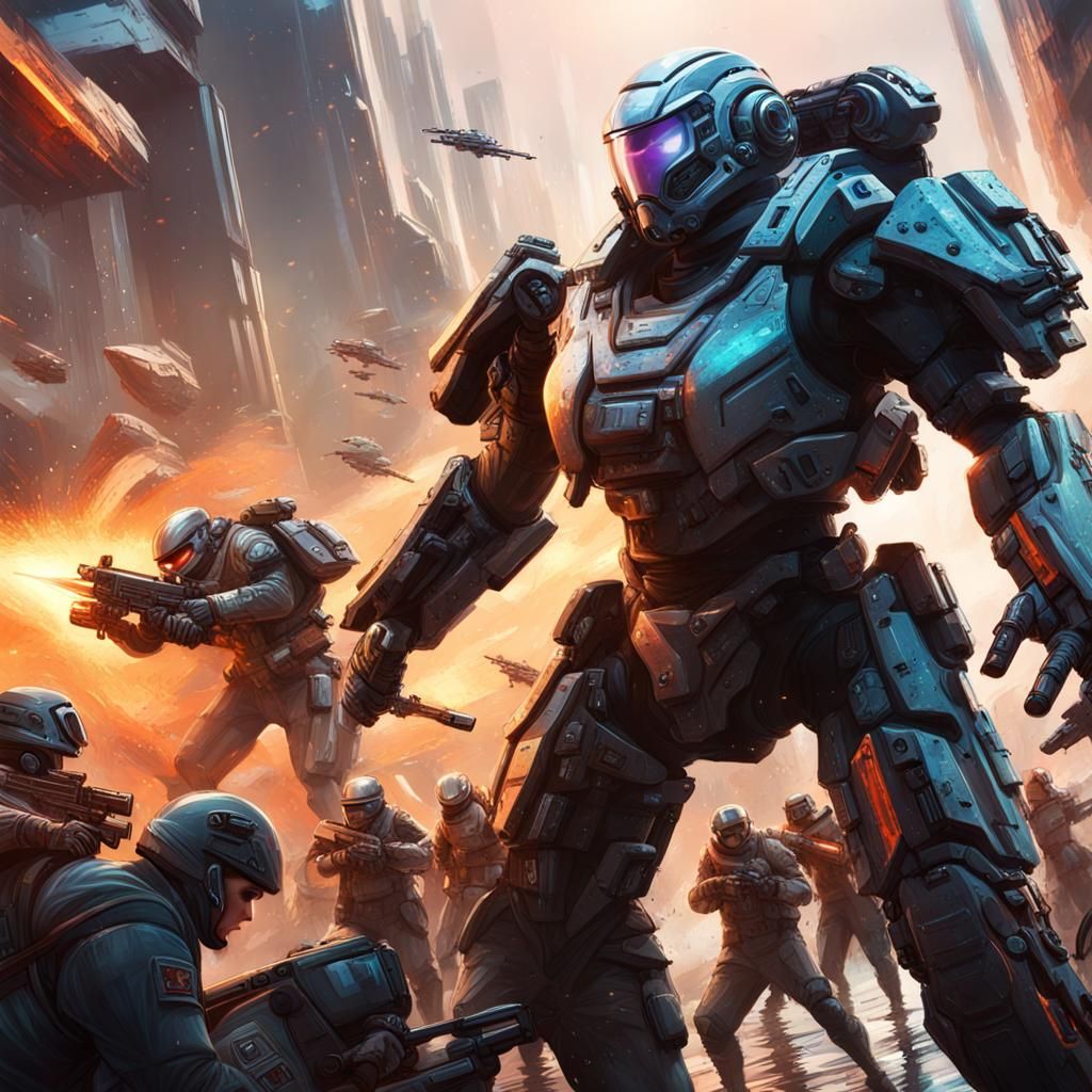 Hyperrealistic Sci-Fi Battle Scene in Splash Art Style