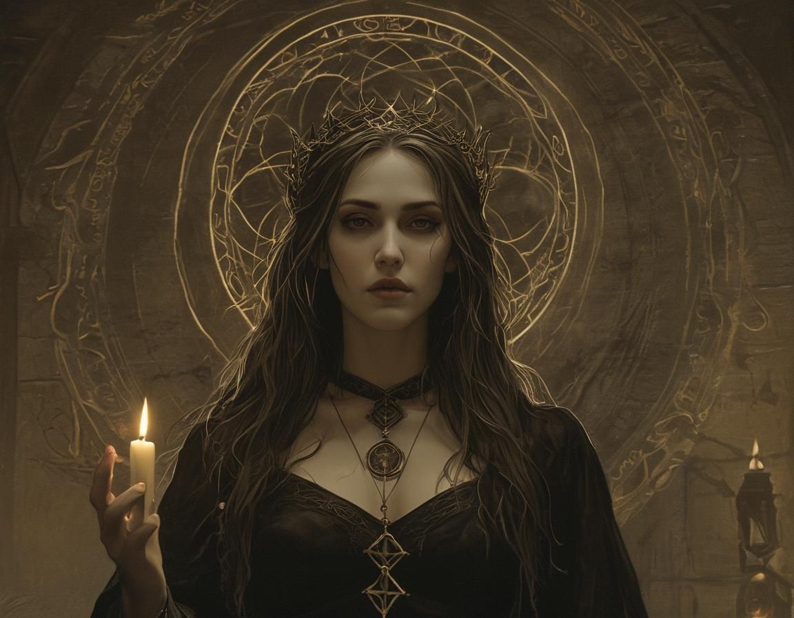 Seductive Sorceress Unveiled in Gothic Candlelight