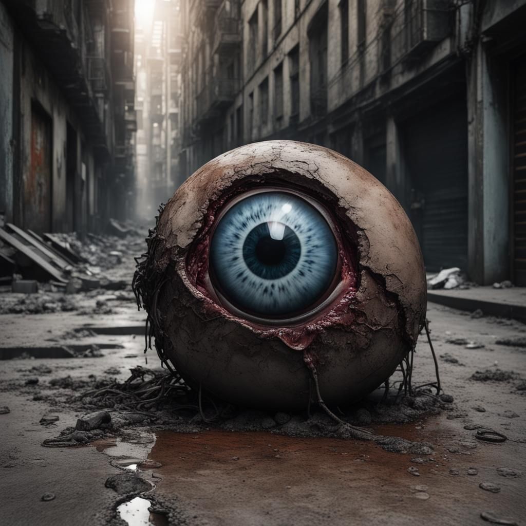 Decomposing Eyeball in Dystopian Alley: Hyperrealistic Rende...