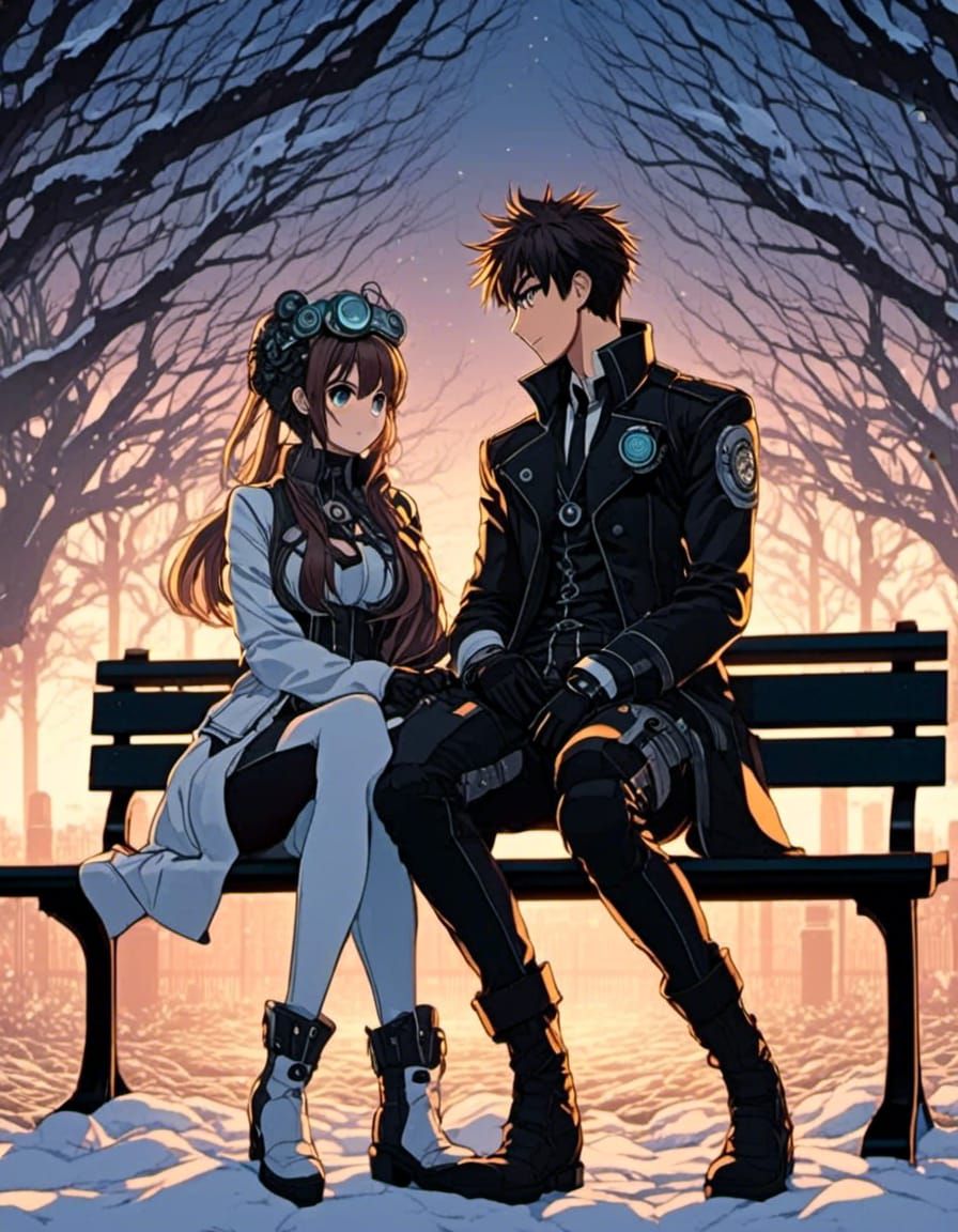 Steampunk Anime couple sitting on a Tokyo park bench in the Winter, sunset, fog <lora:Gridimation:1.0>