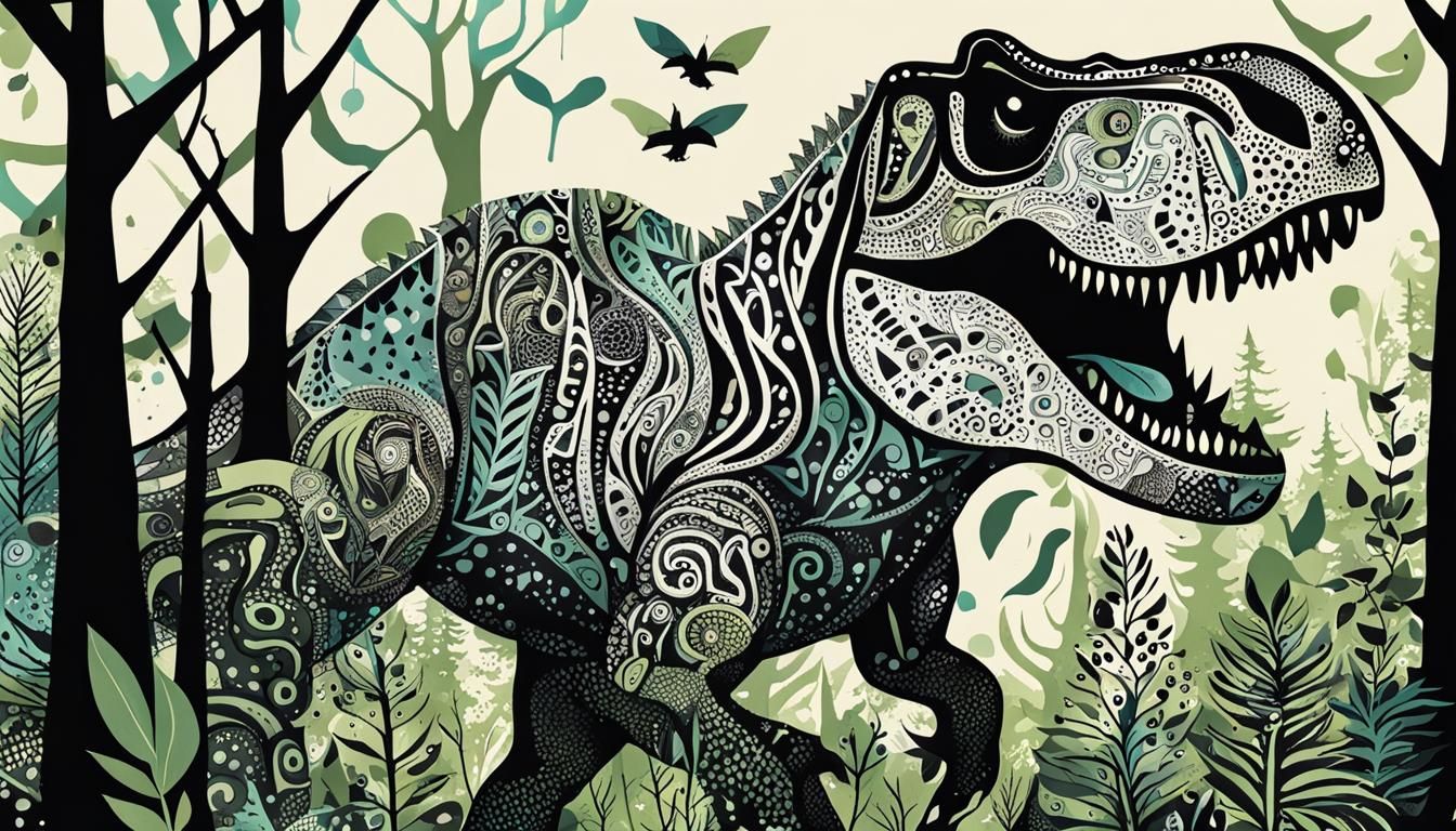 Happy T-Rex in Forest: Zentangle Ink Illustration