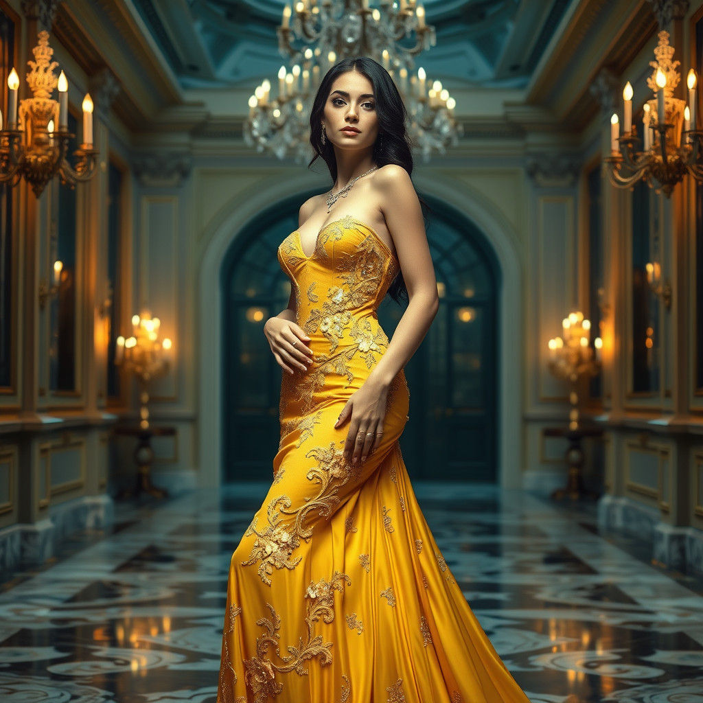 Woman in Yellow Gown: Art Nouveau Ballroom Portrait