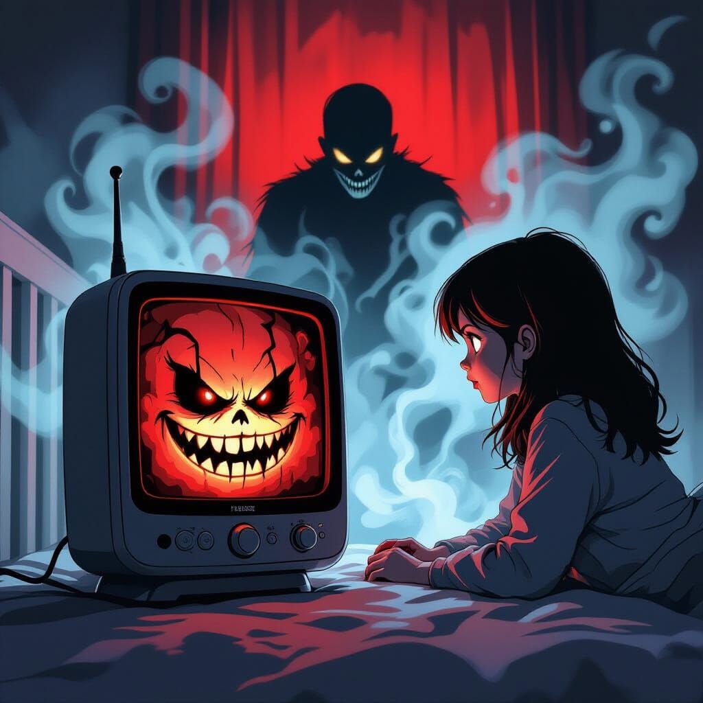 Eerie Baby Monitor with Shadowy Figure in Cartoon Horror Sty...