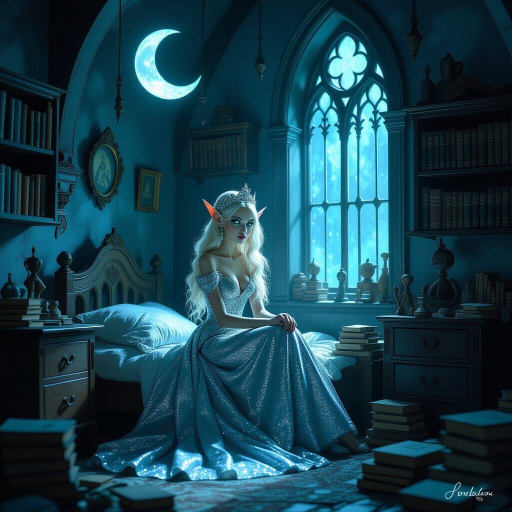 Elf Princess in Moonlit Gothic Bedroom