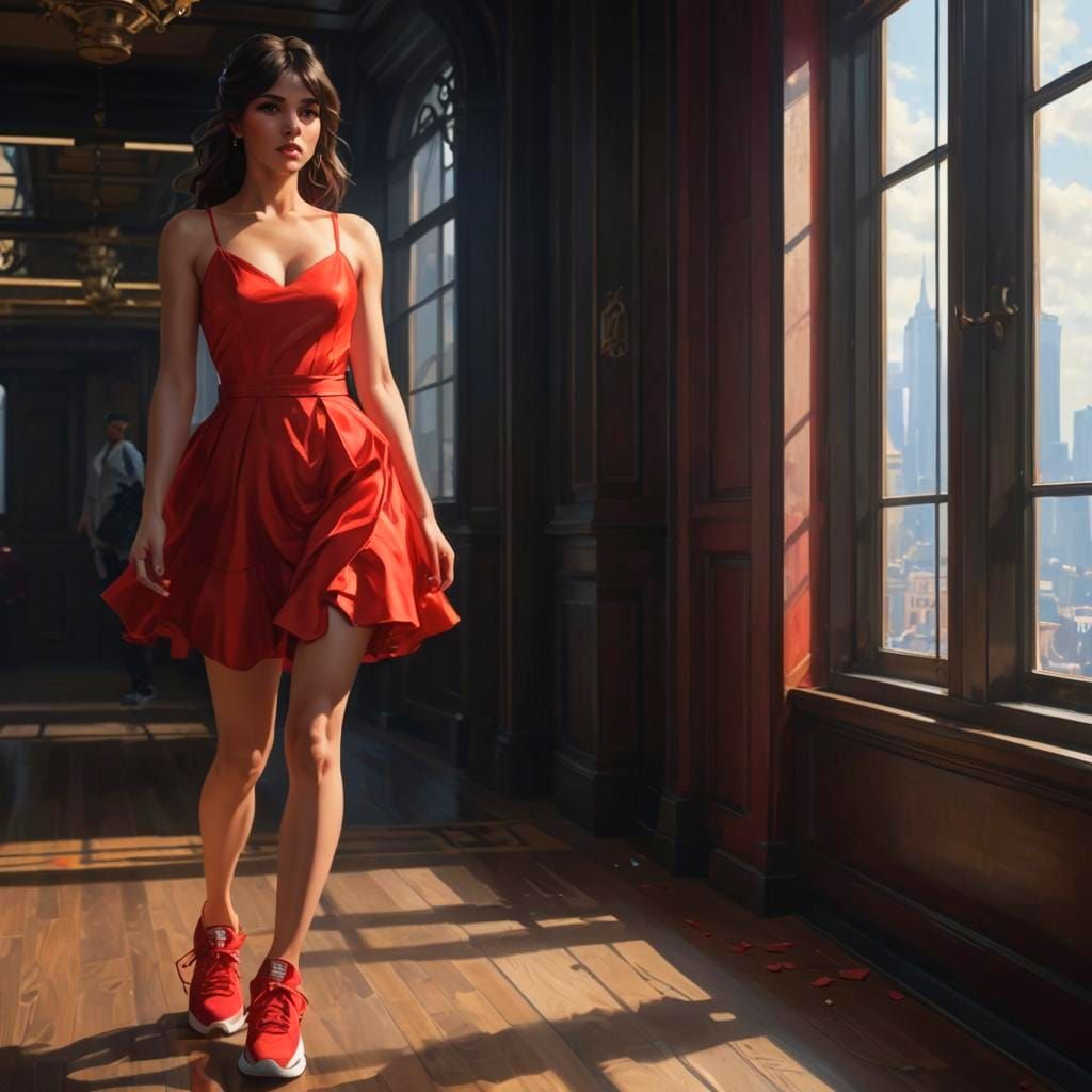 Hyperdetailed Portrait of Brunette in Red Dress