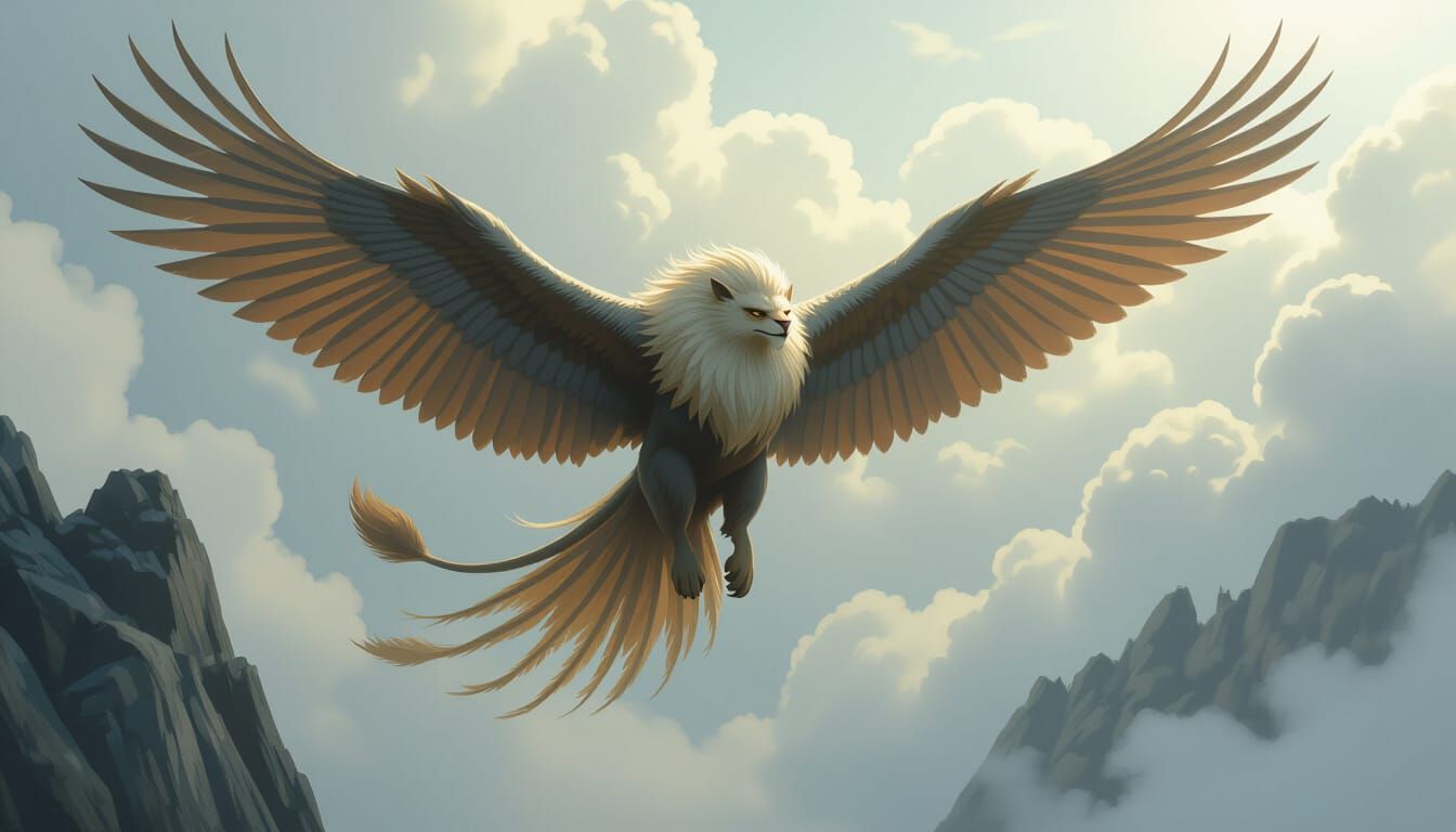 Majestic Gryffin Soars Through Misty Sky