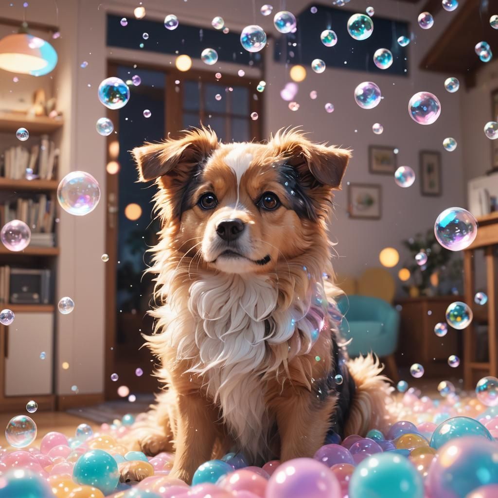 Cute Dog in Bubbles: Vibrant Anime Style