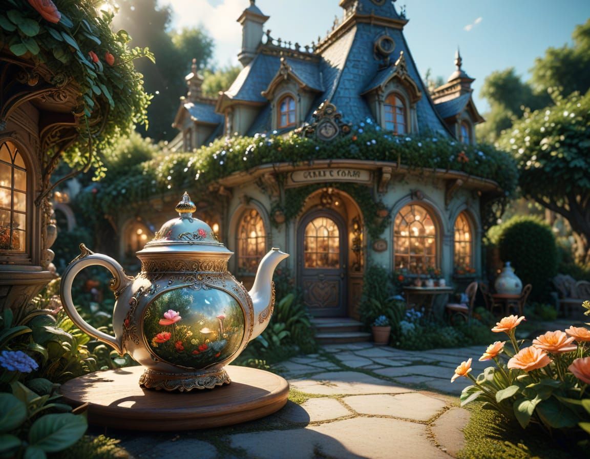 Whimsical Teapot House Café in Lush Garden