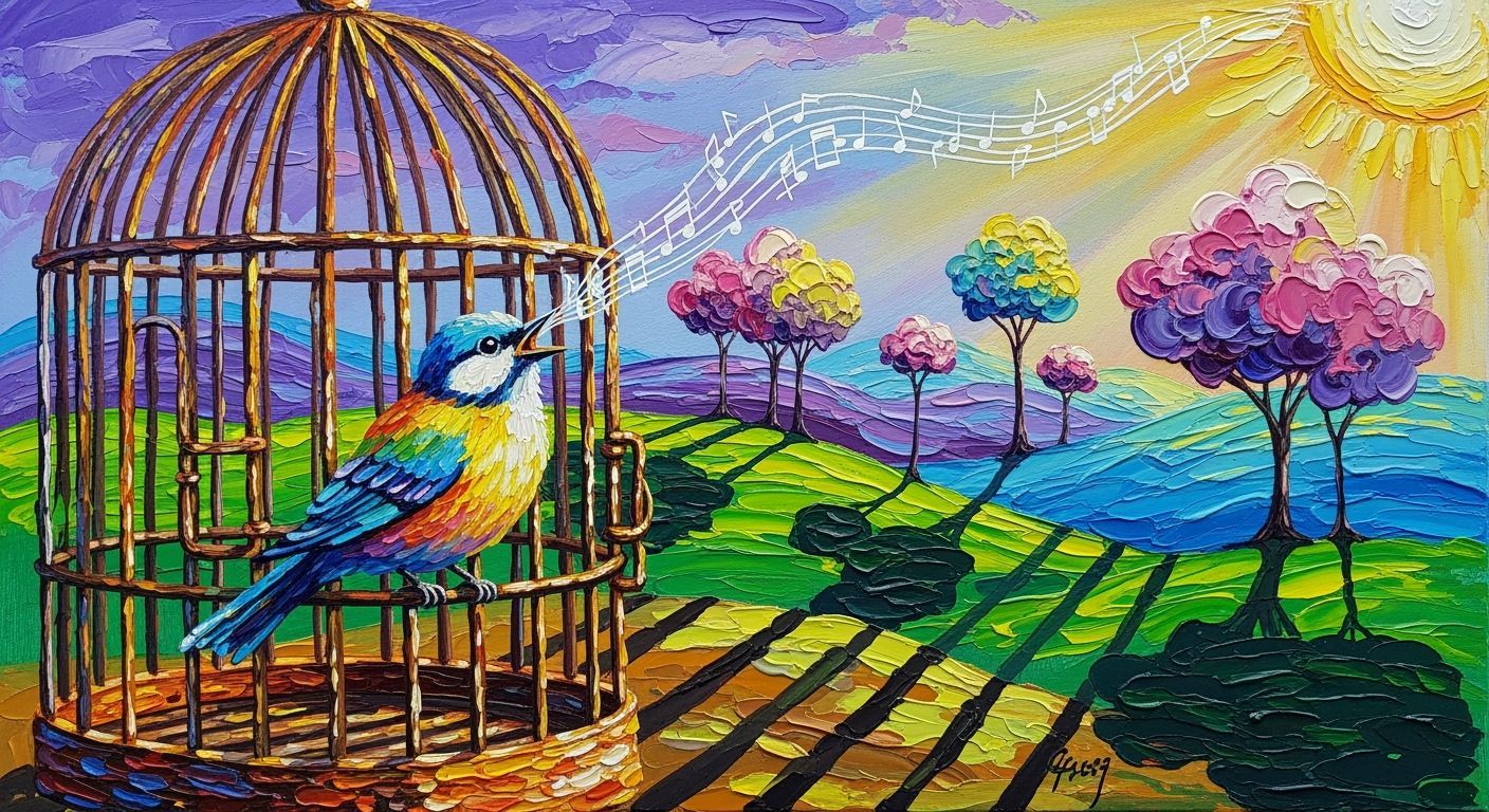 Impasto Gouache Bird Sings in Ornate Cage