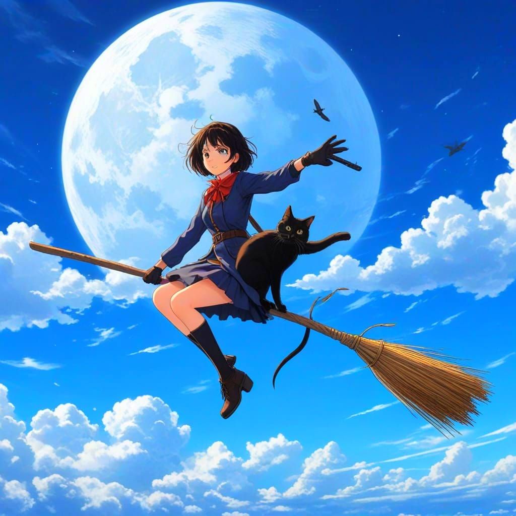 Girl Rides Broom in Vibrant Blue Sky