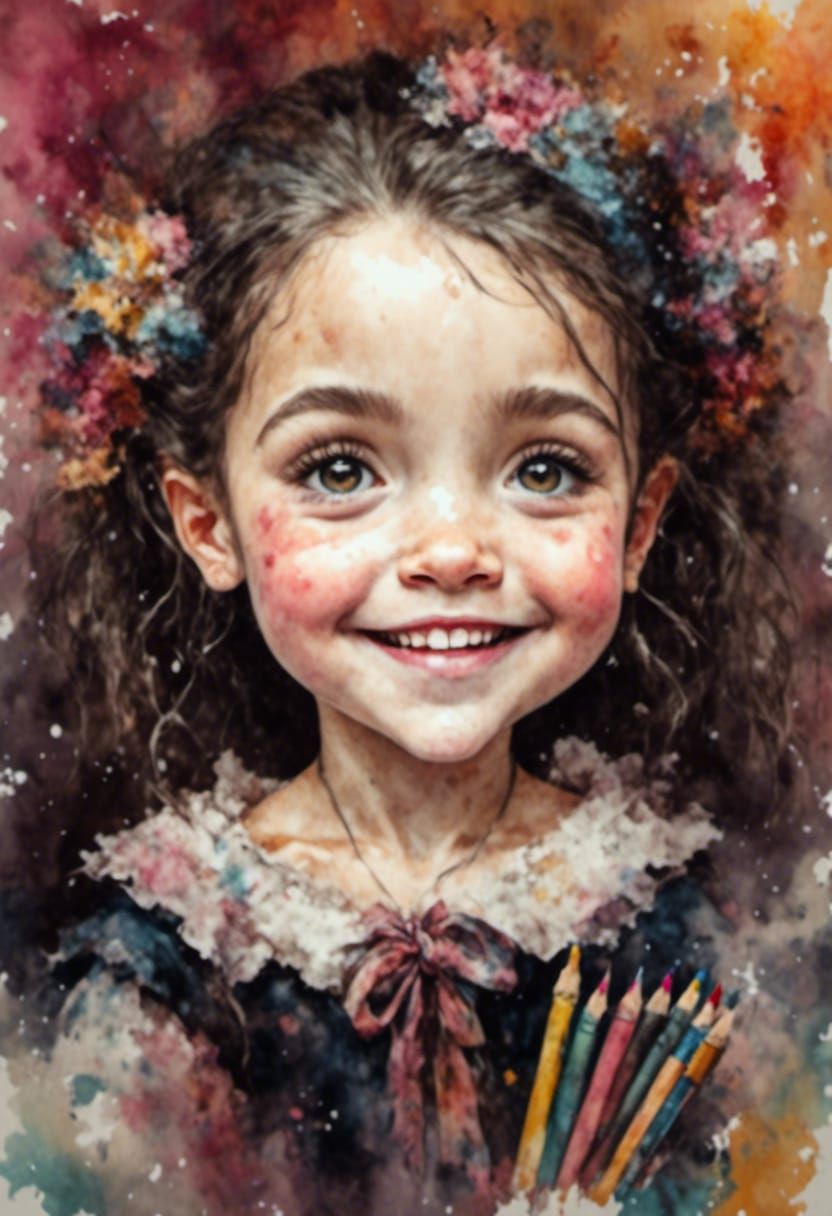 Smiling Chibi Girl at Desk in Watercolor Style