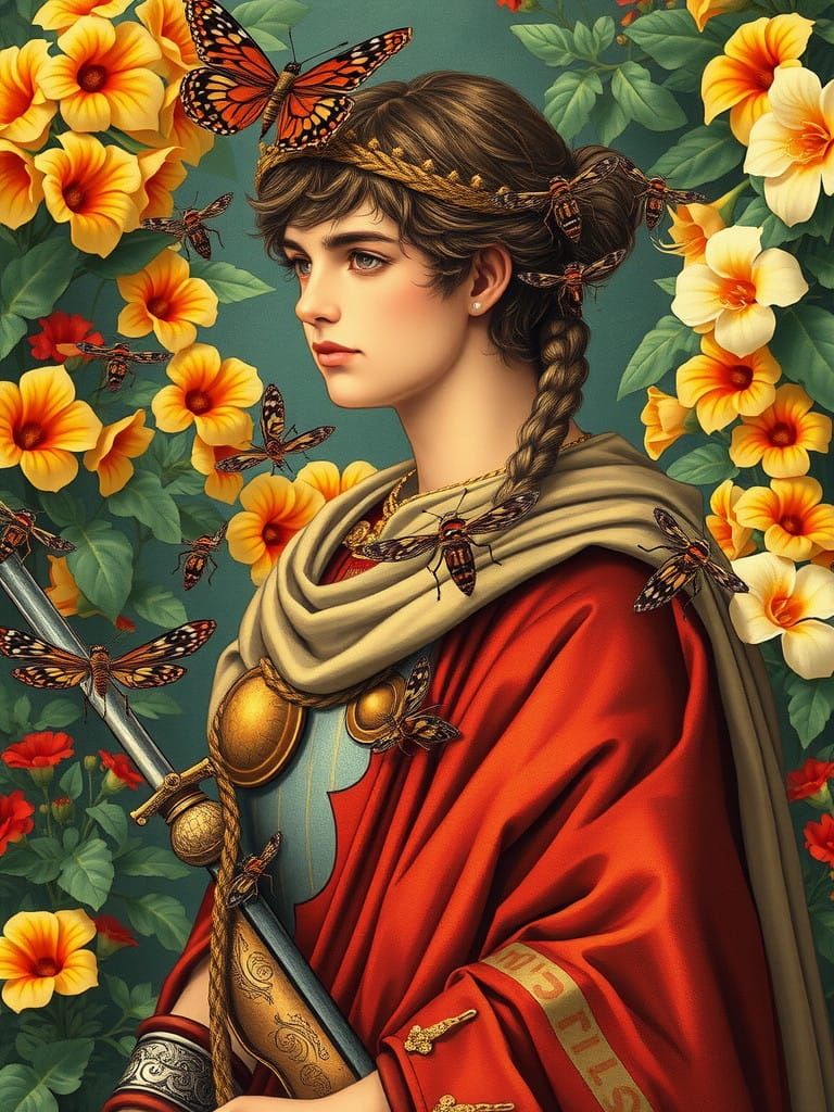 Ancient Warrior Surrounded by Vibrant Florals in a Mystical....