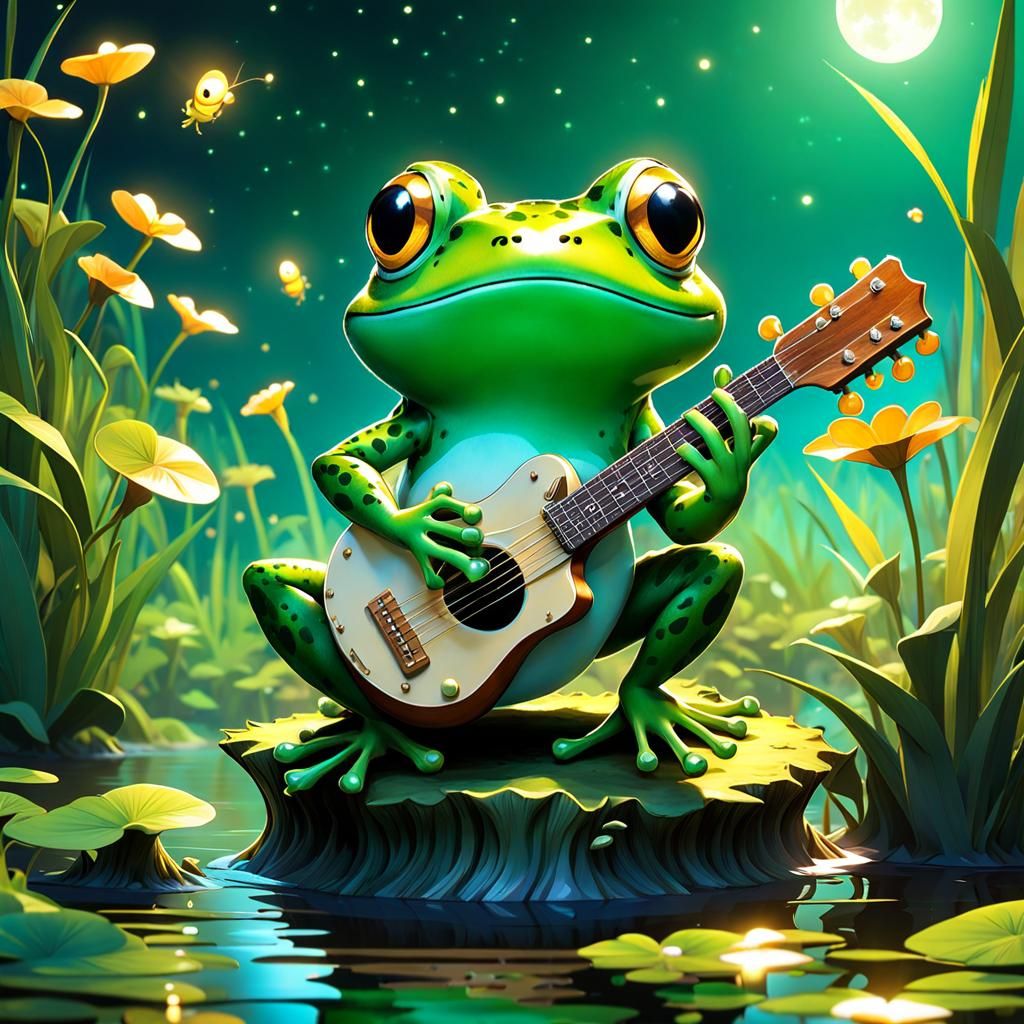 Chibi Frog Serenade in Moonlit Swamp, Cel-Shaded