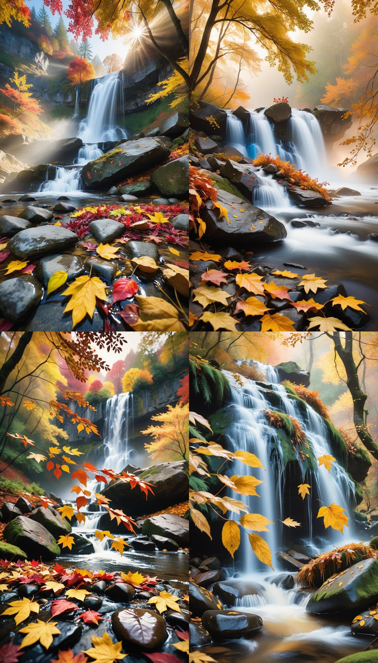 Autumn Waterfall Landscape in Morning Sunlight